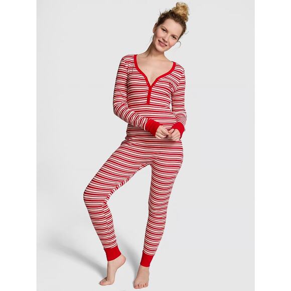 Victoria's Secret PINK Thermal Long Onesie Bright Vermillion Stripes XXL NWT - Picture 1 of 8